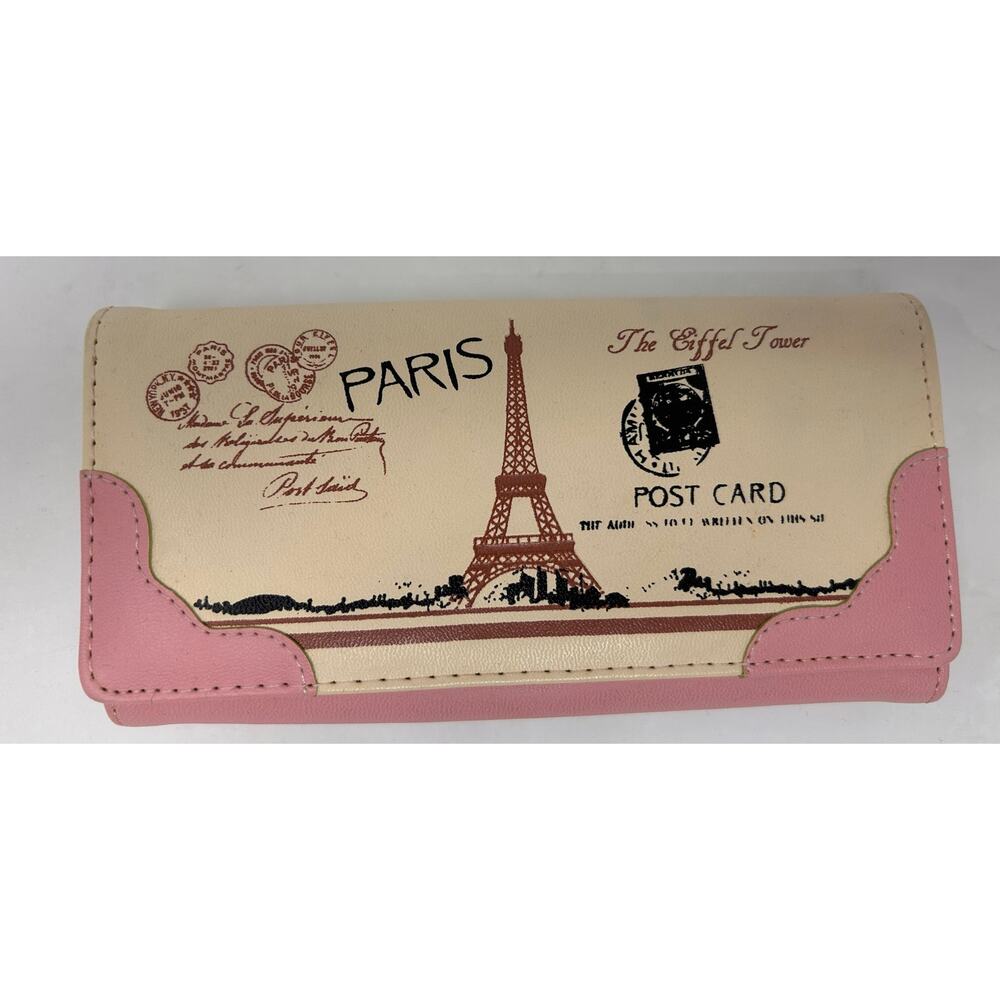 Botusi Pink Beige Paris The Eiffel Tower Post Card Trifold Wallet